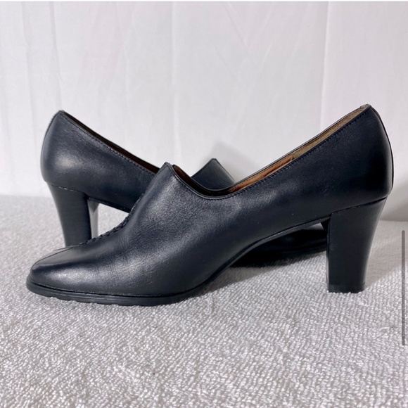 Infinity Black Leather Slip On Square Toe Low Heels W Brown Peekaboo Toe 7.5 - Picture 9 of 14